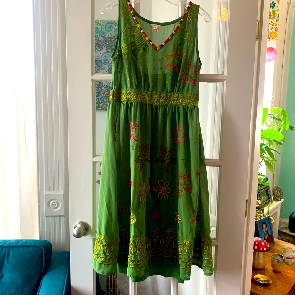 Sundance catalog green dress with embroidered details